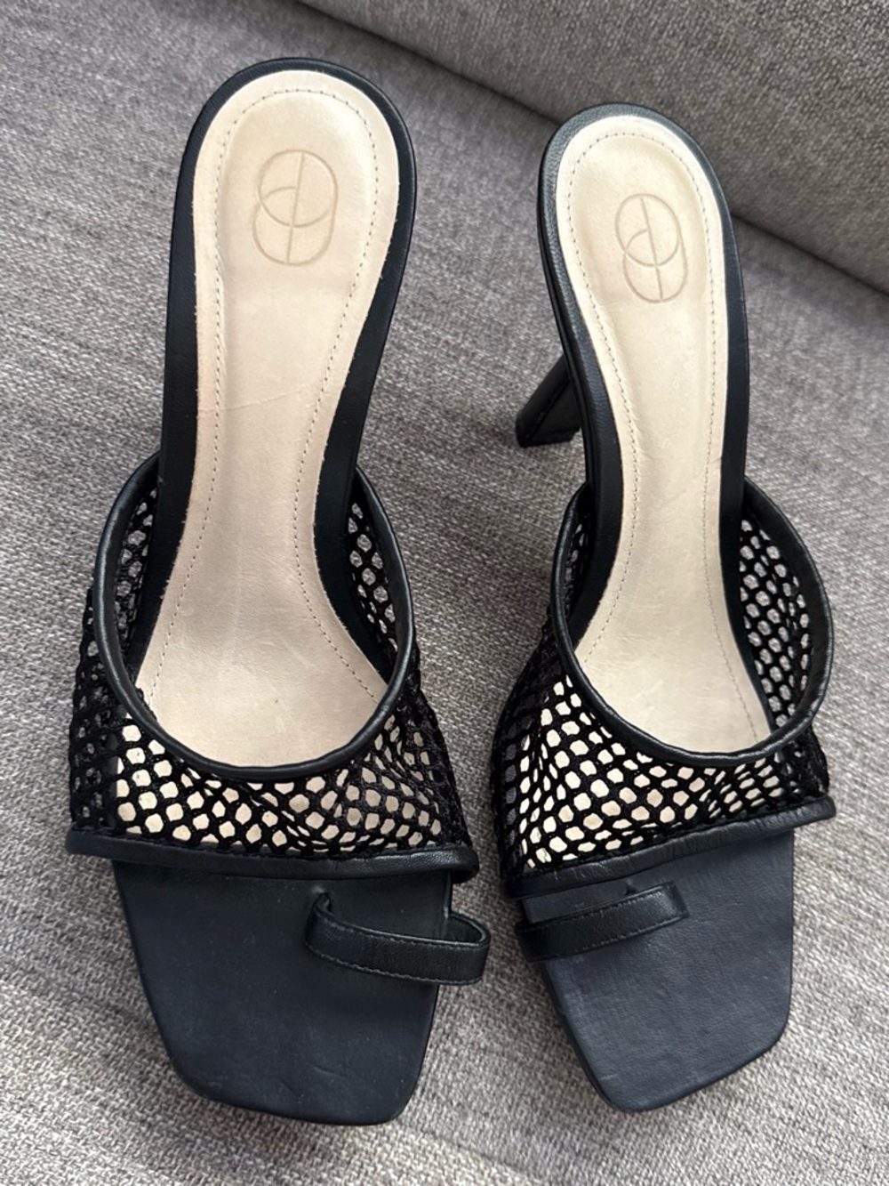 Black Mesh Open-Toe Mule Heels with Square Toe